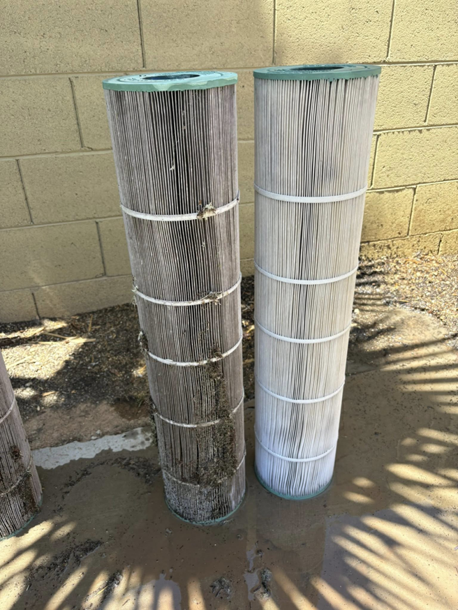 A comparison of a dirty and a clean pool filter cartridge, highlighting the cleaning services offered by Aquatec Pool Care in Jacksonville, FL.