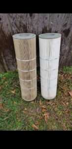 A side-by-side comparison of a dirty and a clean pool filter cartridge, showcasing filter cleaning services by Pool Doctors in Cape Coral, FL.
