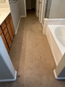 A dirty carpet in a bathroom or hallway area, indicating a need for professional cleaning by Hi-Tech Carpet Cleaning in Elk Grove, CA.