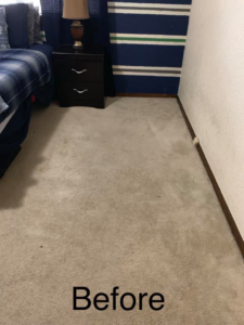 Dirty bedroom carpet before cleaning service by Action Carpet Cleaning & Restoration in Norman, OK