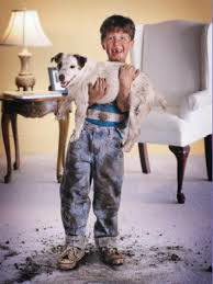 A dirty boy holding a dog, standing on a stained carpet, showing a typical cleaning challenge for Lacho's Carpet Cleaning in San Antonio, TX