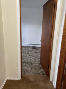 A view into a room with a dirty, worn brown carpet, ready for professional cleaning by KANDE Carpet Cleaning in Pittsburgh, PA.