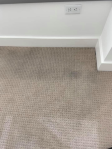A close-up of a dirty carpet with visible stains before cleaning by Baymist Carpet Cleaning & Repair in Spokane, WA.