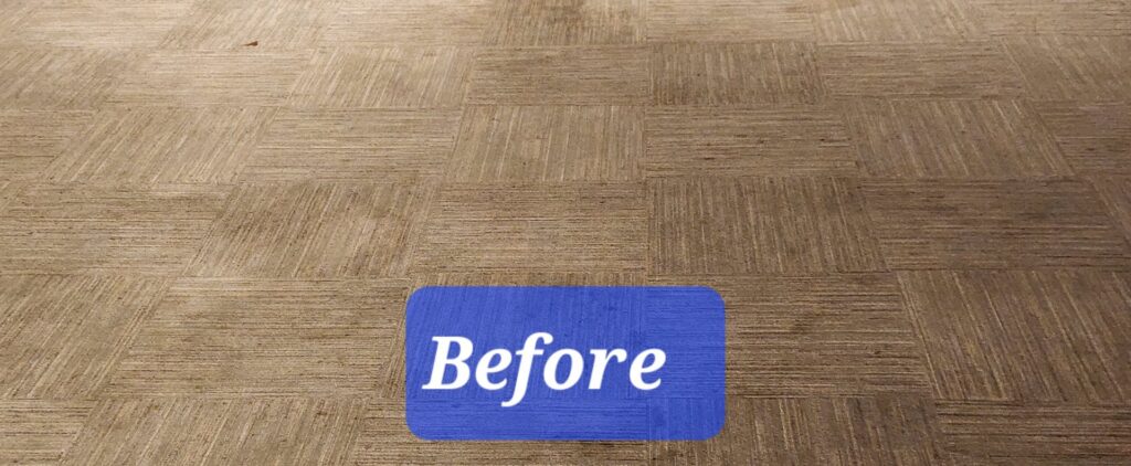 A dirty, patterned carpet with a 'Before' sign, ready for cleaning by Healthy Homes Cleaning and Restoration LLC in Fort Lauderdale, FL.