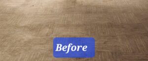 A dirty, patterned carpet with a 'Before' sign, ready for cleaning by Healthy Homes Cleaning and Restoration LLC in Fort Lauderdale, FL.