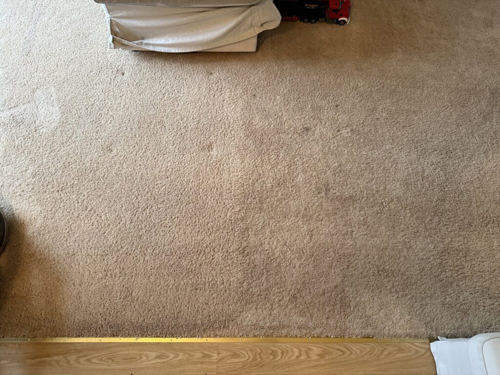 A dirty carpet with visible spots and stains, ready for professional cleaning by Heroic Carpet Cleaning Oregon in Beaverton, OR