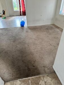 A dirty carpet in a residential room, awaiting cleaning by Humble Brothers Carpet Cleaning in Durham, NC.