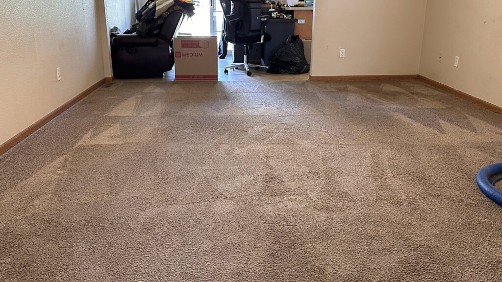 A large, dirty carpeted area with visible stains, ready for cleaning by R&W Carpet Cleaning & Water Extraction in Independence, MO.