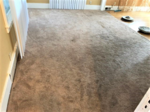 A dirty carpet in a room before cleaning by Rochester Cleanpro in Rochester, NY, with cleaning equipment visible.