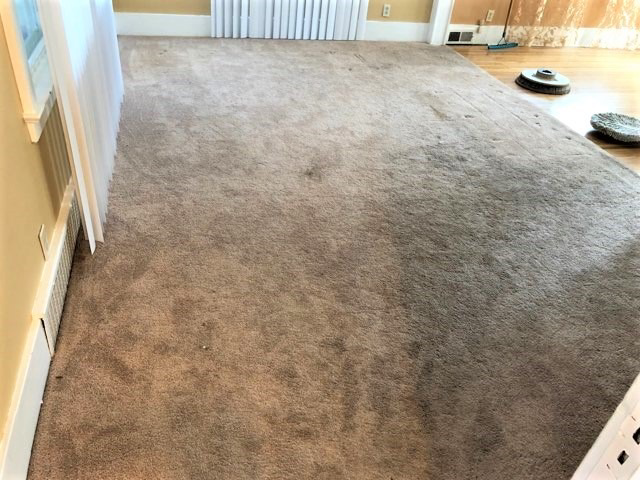 A dirty carpet in a room before cleaning by Rochester Cleanpro in Rochester, NY, with cleaning equipment visible.