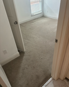 A room with dirty, stained carpet before cleaning by Stain Punishers Carpet Cleaning in Plano, TX.