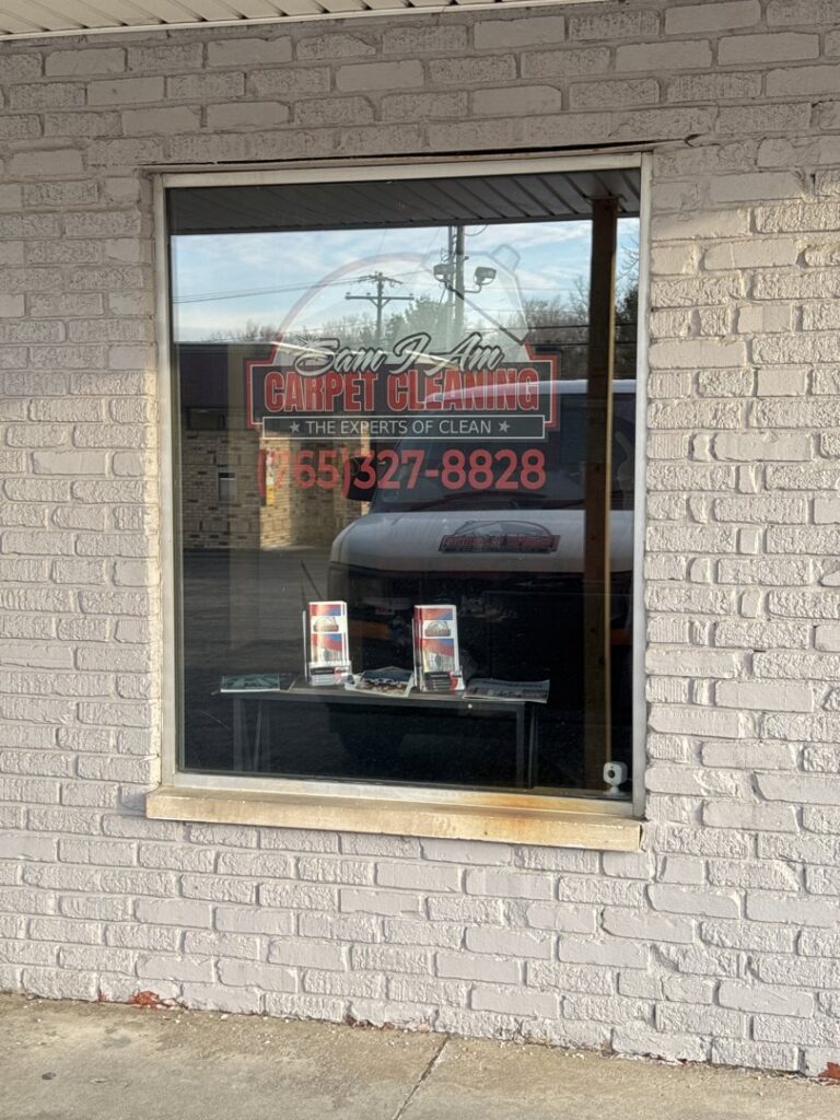 A dirty carpet before professional cleaning, with "Before Sam I Am" text, by Sam I Am Carpet Cleaning in Rossville, IN