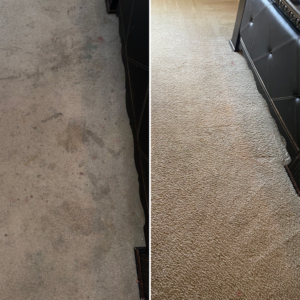 Before and after comparison of a dirty carpet professionally cleaned by Good Guys Carpet Cleaning in Katy, TX.