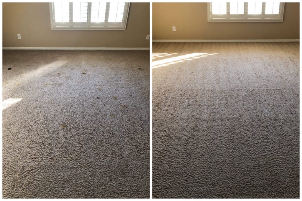 Before and after comparison of a dirty carpet successfully cleaned by Phoenix Tile & Carpet Cleaning in Tempe, AZ.