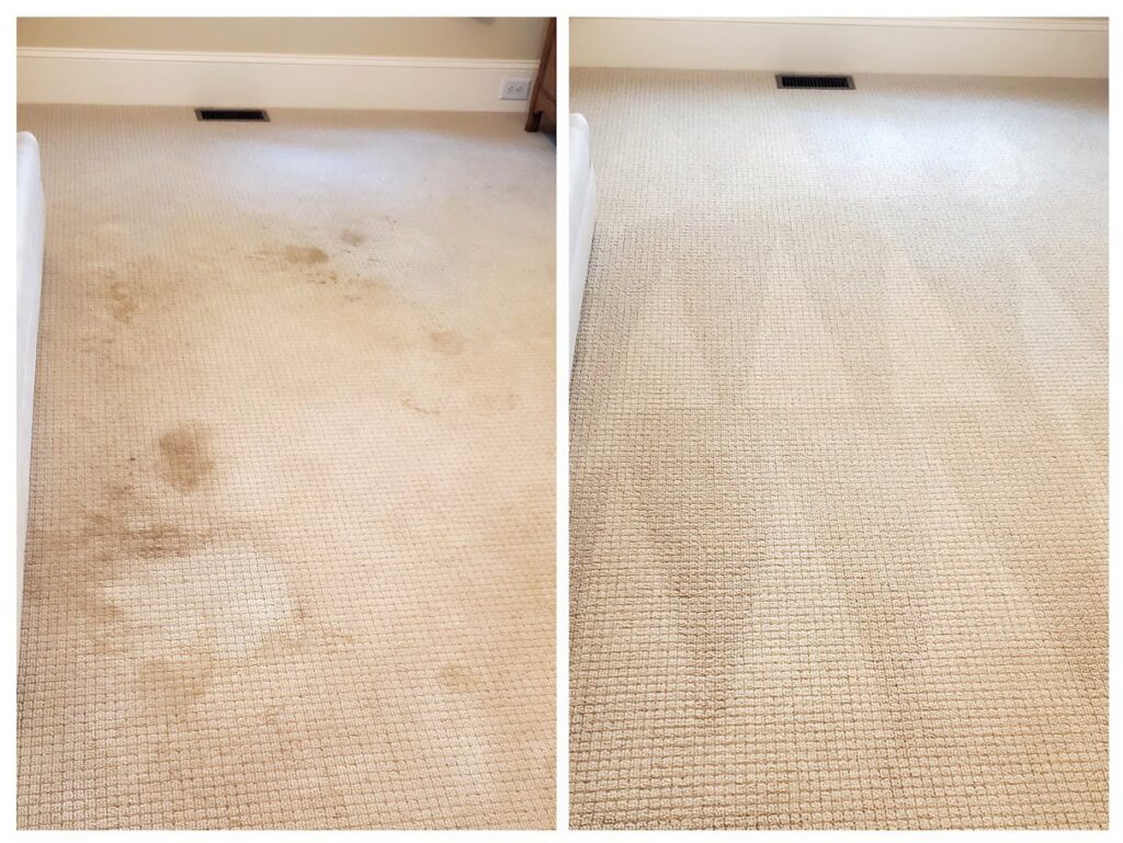 Before and after comparison of a dirty carpet being professionally cleaned by Hughes Dry Professional Carpet Care in Marietta, GA.