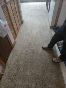 A dirty carpeted hallway showing wear and tear before professional cleaning by USA Clean Master in Baltimore, MD