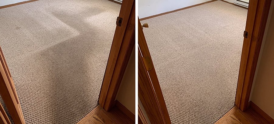 Before and after comparison of a carpeted room, showing a dirty path cleaned by Heaven's Best Carpet Cleaning Hilton Head Island SC.