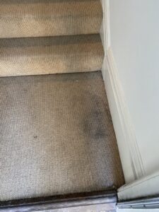 A close-up view of a dirty carpeted stair landing, showing the need for professional cleaning by Dalia's Carpet Cleaning in San Francisco, CA.