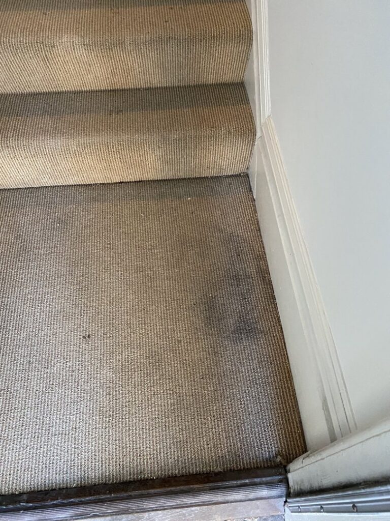 A close-up view of a dirty carpeted stair landing, showing the need for professional cleaning by Dalia's Carpet Cleaning in San Francisco, CA.