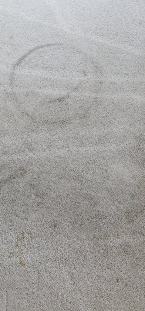 A close-up of a dirty carpet with a visible circular stain, before cleaning by BEST Professionals Cleaning, LLC in Lancaster, PA