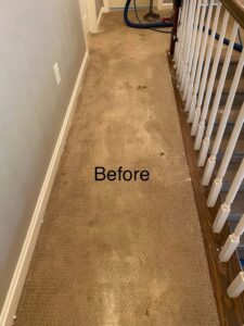 A dirty carpeted hallway before professional cleaning by On The Spot Carpet Cleaning in Erie, PA.