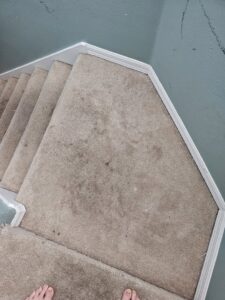 A dirty carpeted landing and stairs before professional cleaning by CitruSolution Carpet & Upholstery Cleaning of Orlando, FL
