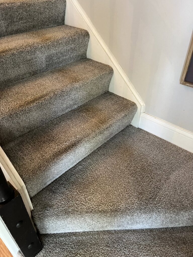 Dirty and stained carpeted stairs, illustrating the need for professional cleaning by Fiber Dry Carpet & Upholstery Cleaning in Dayton, OH.