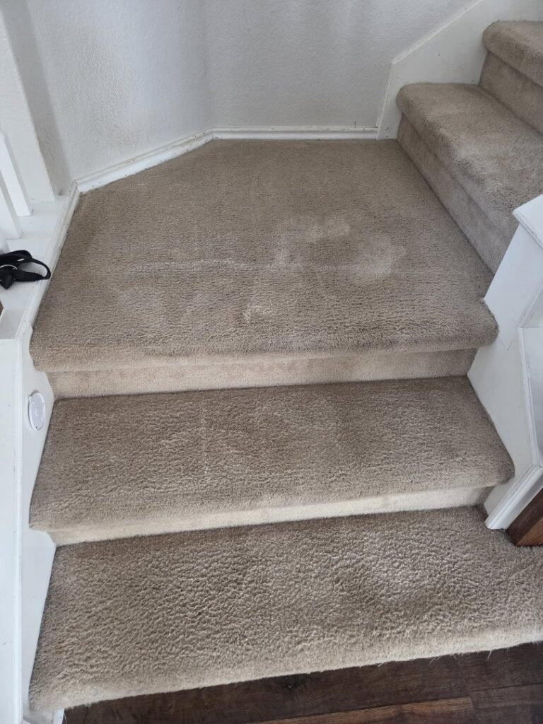 Dirty and worn carpeted stairs, showing the need for professional cleaning by Master's Touch Steam Cleaning in San Antonio, TX.