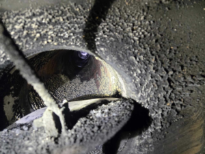 Dirty chimney flue with creosote buildup, showing need for a sweep by Griep Enterprises in Machesney Park, IL.