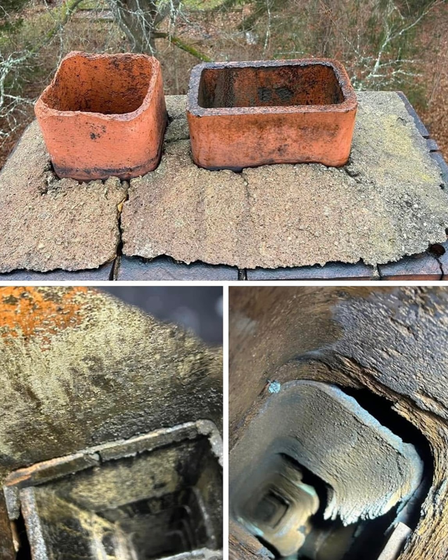 Dirty chimney flues and pots with heavy creosote buildup, showing the need for a sweep by Ignite Chimney & Fireplace in Chicago, IL.