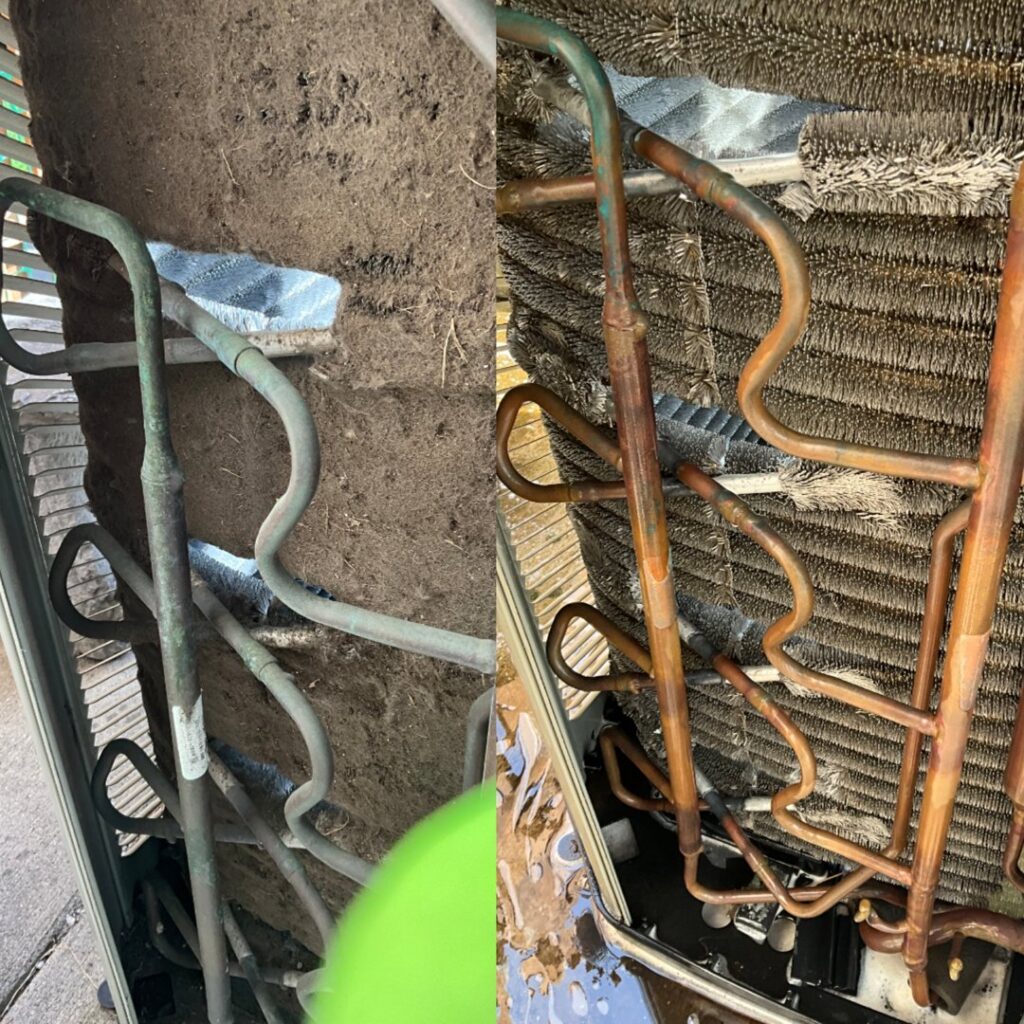 A before and after comparison showing a dirty AC coil cleaned and restored by Supertech Home Services in Warren, MI.