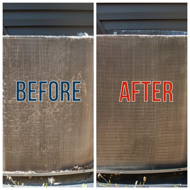 Before and after comparison of a dirty and cleaned AC coil during maintenance by Equality State Heating & Cooling in Casper, WY.