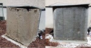 Before and after comparison of a dirty and cleaned outdoor AC condenser unit, showcasing maintenance by Authority Heating & Cooling in Orem, UT.
