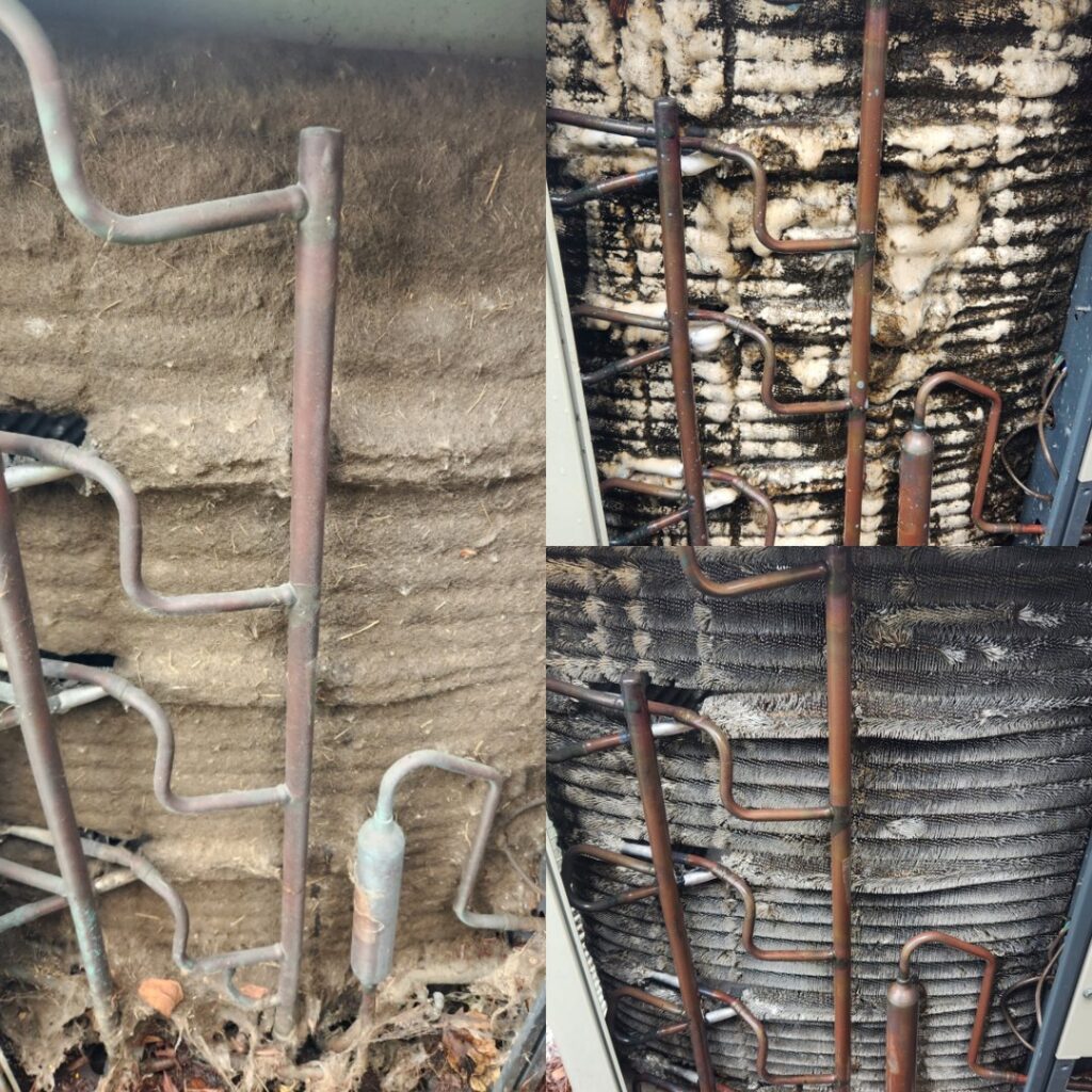 A detailed before and after view of a dirty AC evaporator coil cleaned and serviced by Supertech Home Services in Warren, MI.
