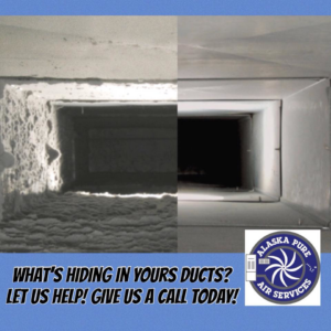 Before and after view of a dirty and clean air duct, highlighting duct cleaning services by Alaska Pure Air Services in Anchorage, AK