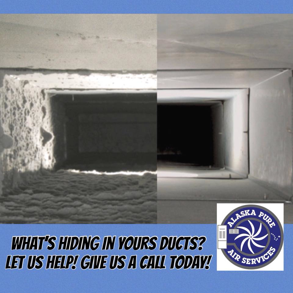 Before and after view of a dirty and clean air duct, highlighting duct cleaning services by Alaska Pure Air Services in Anchorage, AK