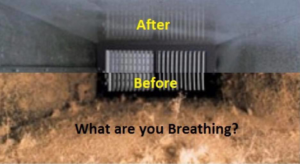 Before and after comparison of a dirty and clean air duct, showcasing air quality improvement by Alaska Pure Air Services in Anchorage, AK