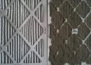 A comparison of a dirty and clean air filter, demonstrating HVAC maintenance by DJ's Heating & Air Conditioning in Wilmington, IL.