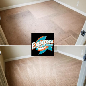 Before and after view of a room with a dirty carpet transformed by Express Carpet Cleaning in Oklahoma City, OK