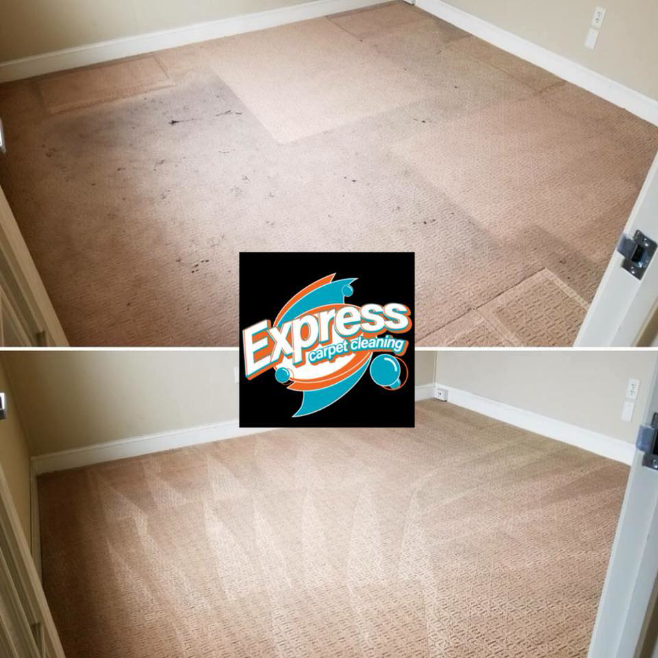 Before and after view of a room with a dirty carpet transformed by Express Carpet Cleaning in Oklahoma City, OK
