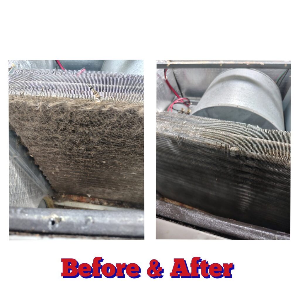 Before and after comparison of a dirty indoor HVAC coil cleaned by Southern Heating & A/C LLC in Mobile, AL.