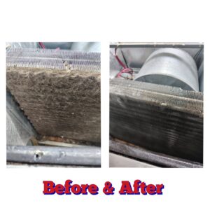 Before and after comparison of a dirty indoor HVAC coil cleaned by Southern Heating & A/C LLC in Mobile, AL.