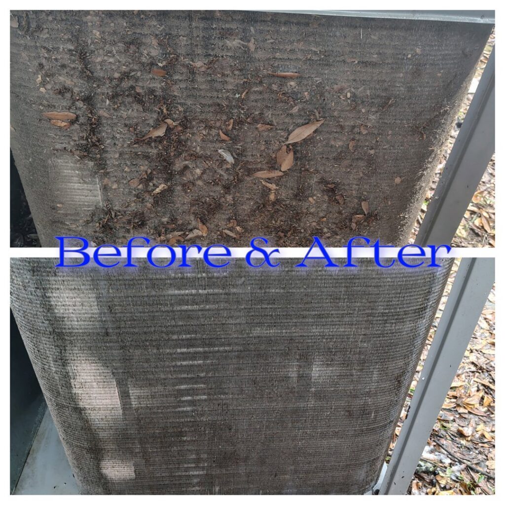 Before and after comparison of a dirty outdoor AC coil cleaned by Southern Heating & A/C LLC in Mobile, AL.