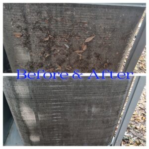 Before and after comparison of a dirty outdoor AC coil cleaned by Southern Heating & A/C LLC in Mobile, AL.