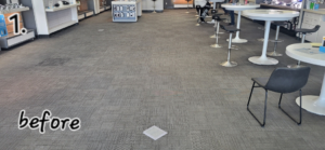 Dirty commercial carpet tiles before professional cleaning by Leiter's Carpet Cleaning in Fort Wayne, IN.