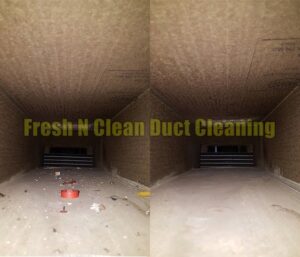 A before and after comparison showing an air duct with debris on the left and a thoroughly cleaned duct on the right by Fresh N Clean Duct Cleaning in Arvada, CO.