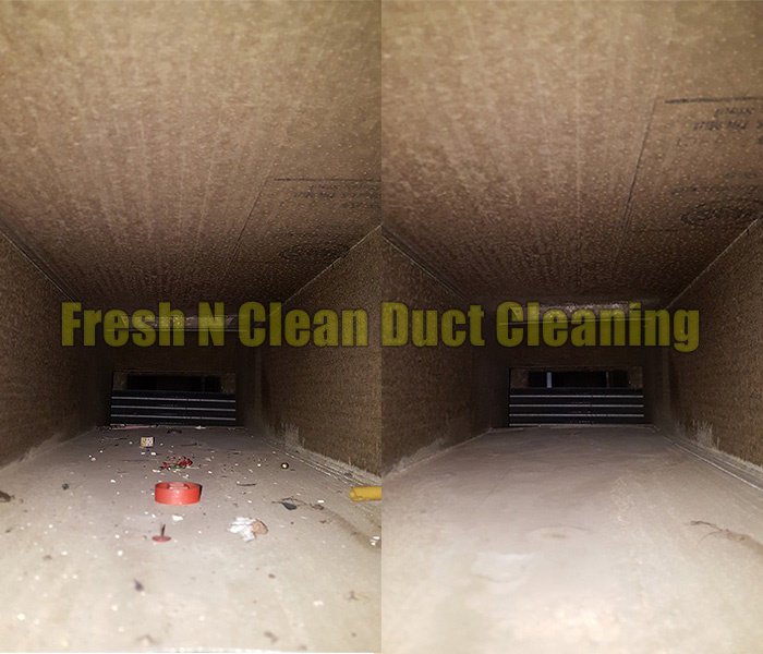 A before and after comparison showing an air duct with debris on the left and a thoroughly cleaned duct on the right by Fresh N Clean Duct Cleaning in Arvada, CO.