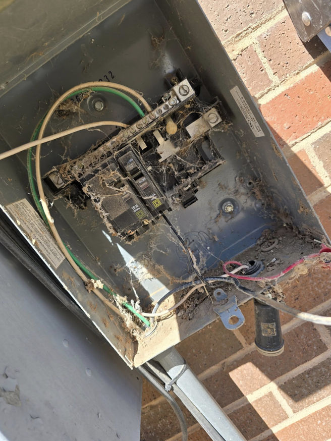 A very dirty and cobweb-filled electrical panel with circuit breakers, showing a need for service from Desert Wind Electric in Albuquerque, NM