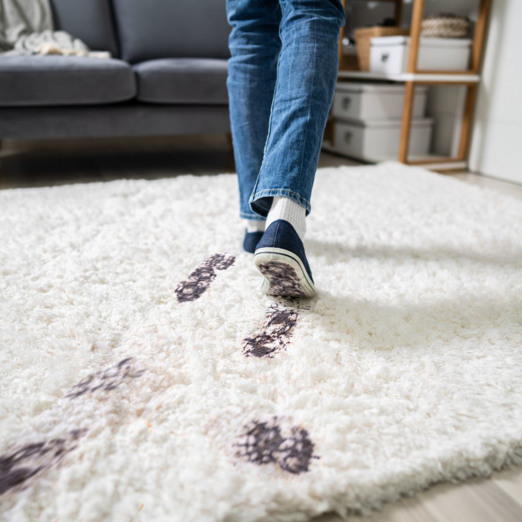 Dirty footprints on a white shaggy carpet, showing the need for professional cleaning by A-Plus Carpet Cleaners in Plymouth, MN.