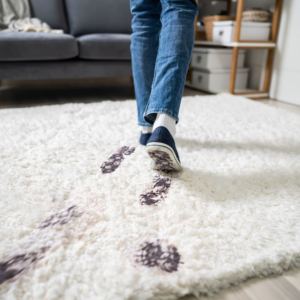 Dirty footprints on a white shaggy carpet, showing the need for professional cleaning by A-Plus Carpet Cleaners in Plymouth, MN.